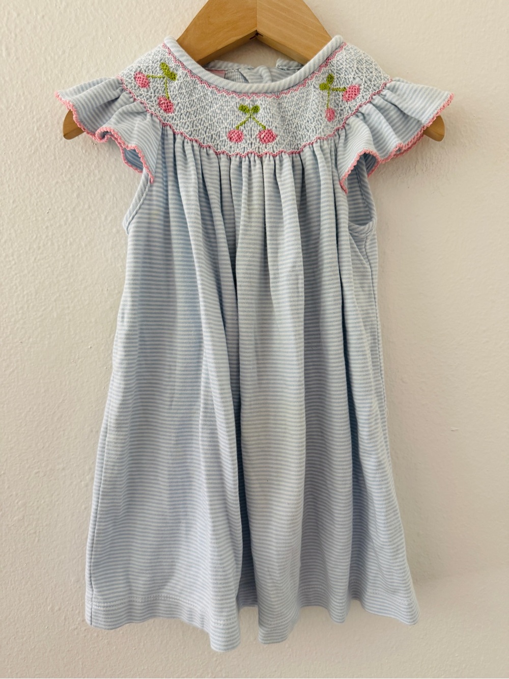 Petit Bebe Cherry Smocked Blue Stripe Bishop Dress
